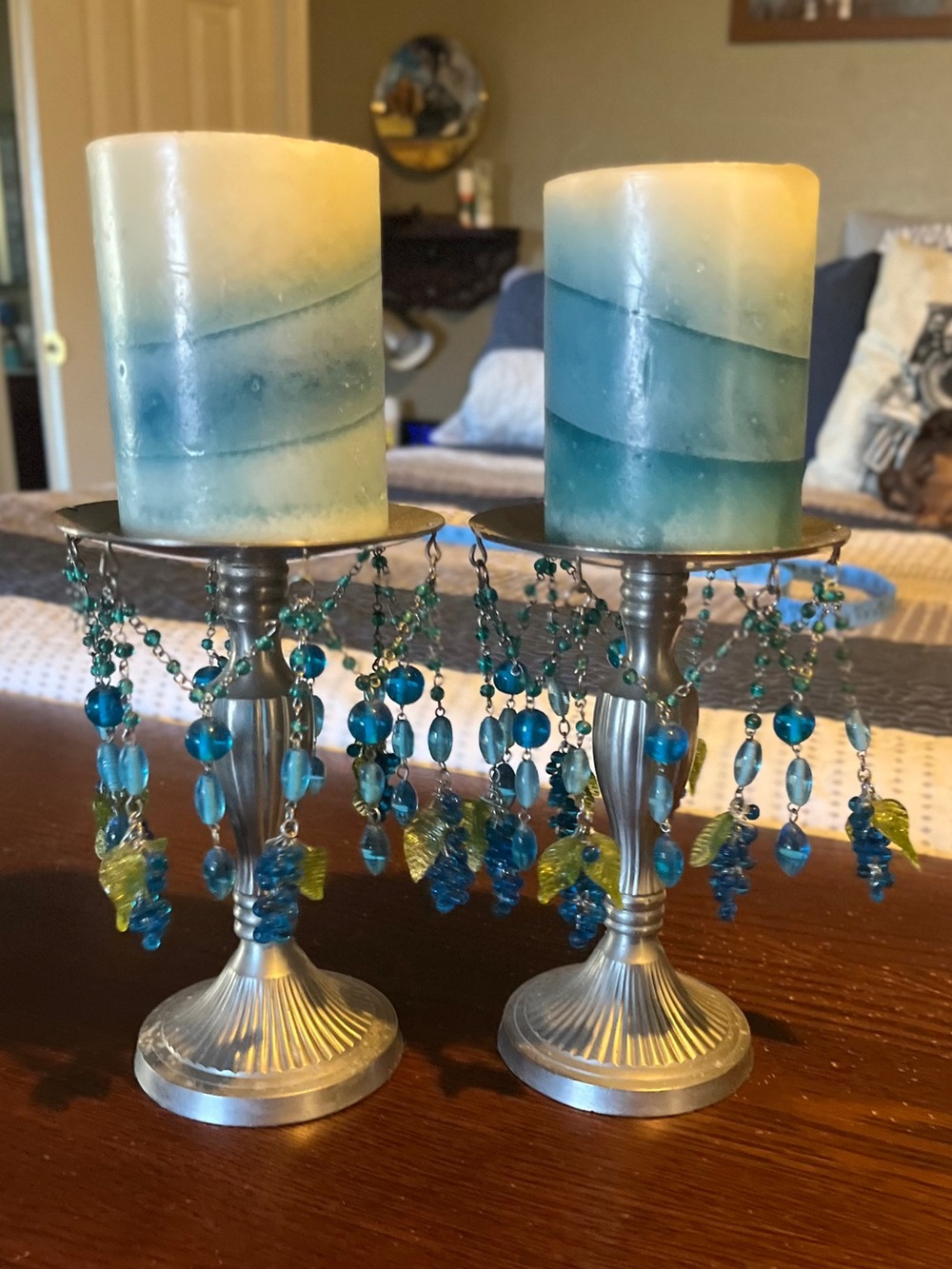 Blue-Green Beaded Candle Holders with Ombre Pillar Candles